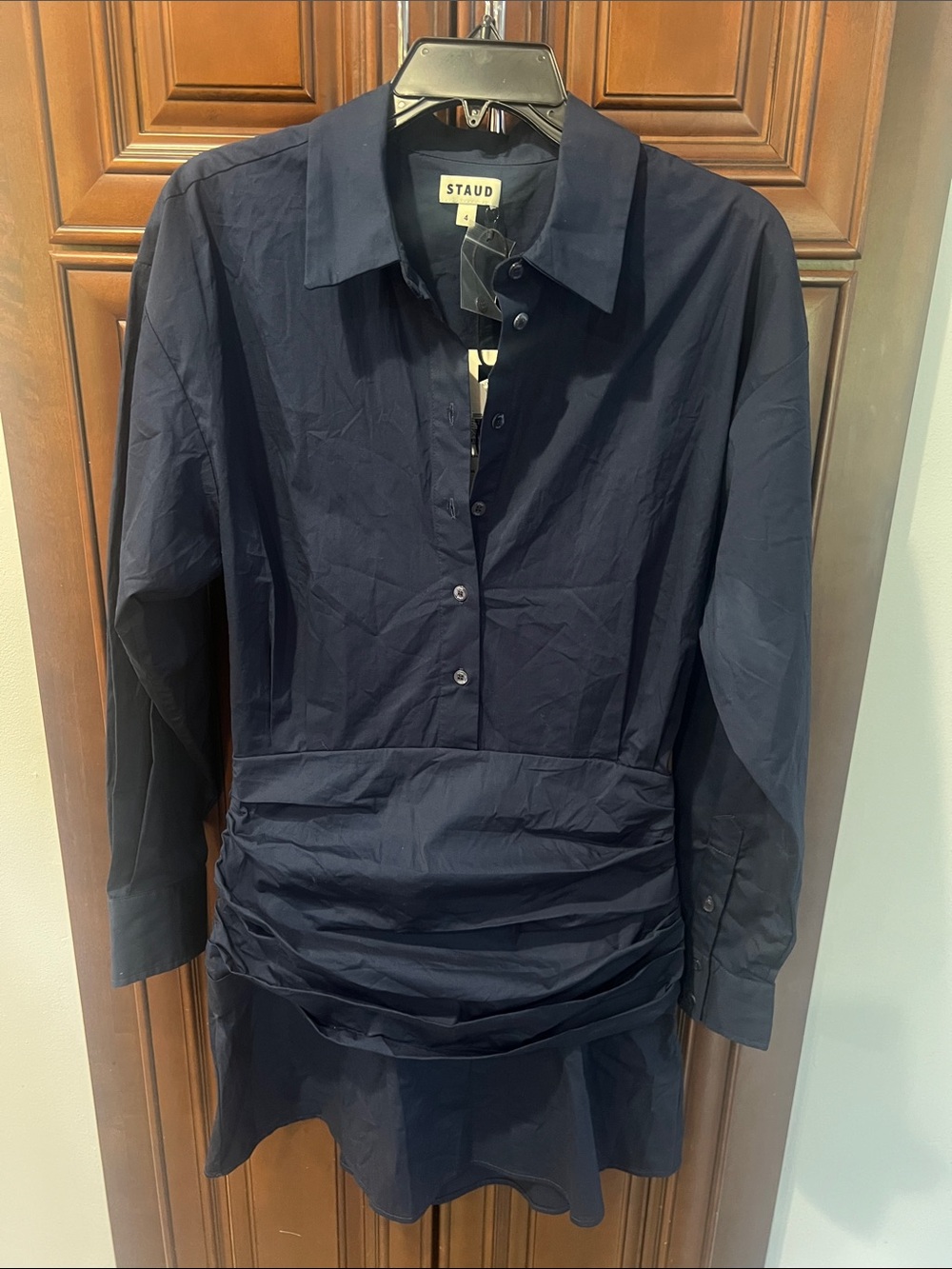 STAUD Navy Button-Front Long-Sleeve Tunic Dress